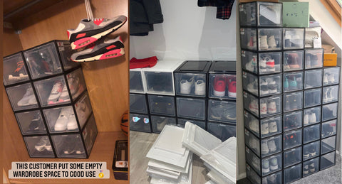 Drop front sneaker storage boxes