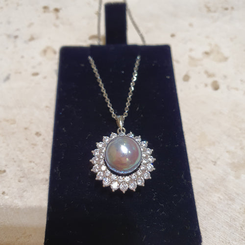 AKOYA Grey PEARL sunflower Zirconia Necklace