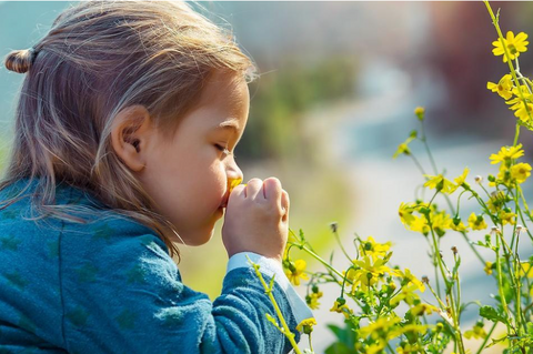 Girl smelling flowers on a nature walk