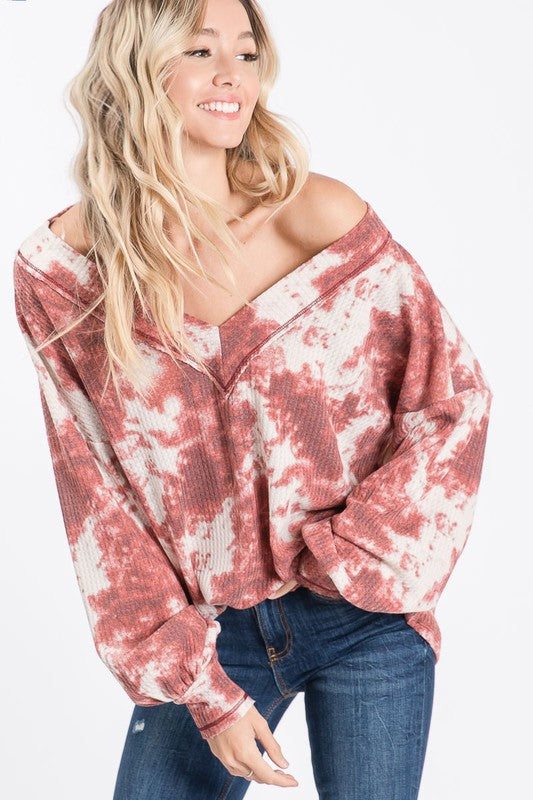 Tie dye thermal waffle v neck top with puff sleeve