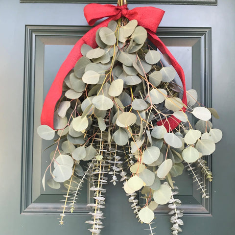 A eucalyptus bunch hanging on a door with a red bow