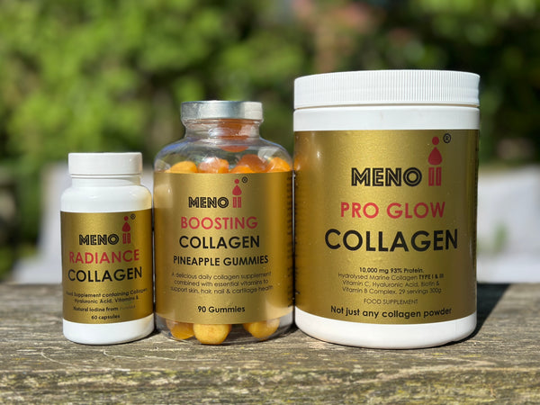 Meno collagen collection on supplements, collagen powder, collagen gummies and collagen capsules with organic seaweed