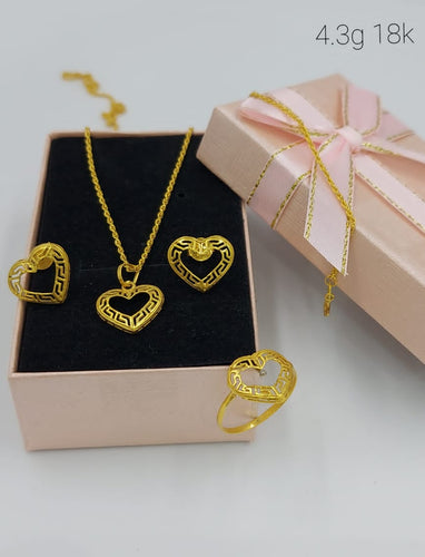 18K Saudi Gold Set Heart Necklace Earring 18