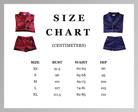 satin pajama size chart guide for adults unisex women men in ruby red crimson color and navy blue royal blue sapphire color