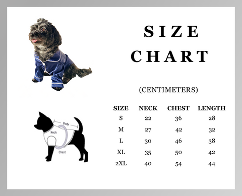 pet pyjama pajama size chart guide fit dog cat red navy blue