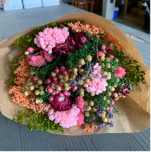 Sweetheart pink dried flower bouquet - in paper heart wrap