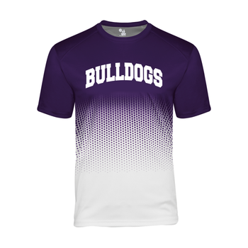Purple and White Hex Tee with Bulldogs text on the front 