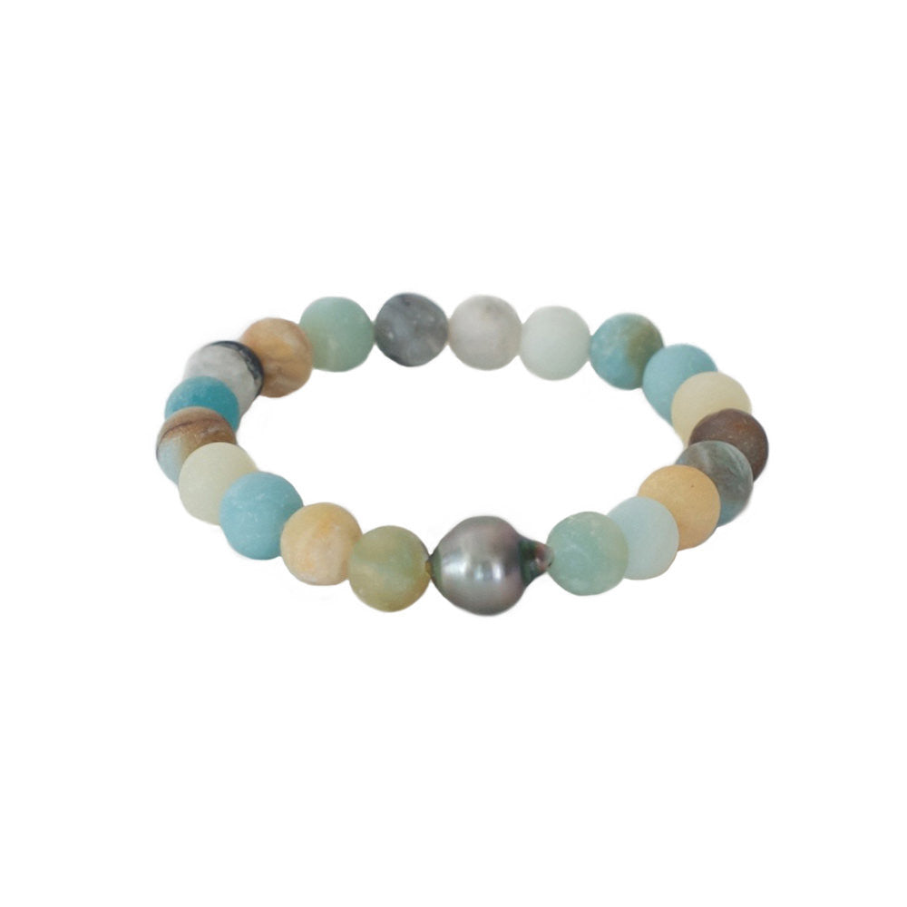 Tahitian Pearl Matte Amazonite Stretch Bracelet Sea Lustre Jewelry