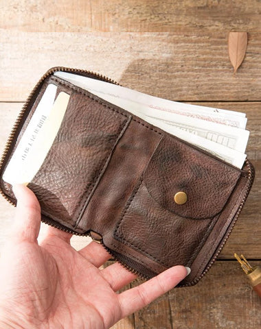 Black Leather Mens Small Card Wallet Front Pocket Wallet Brown Zipper Coin billfold Wallet For Men
