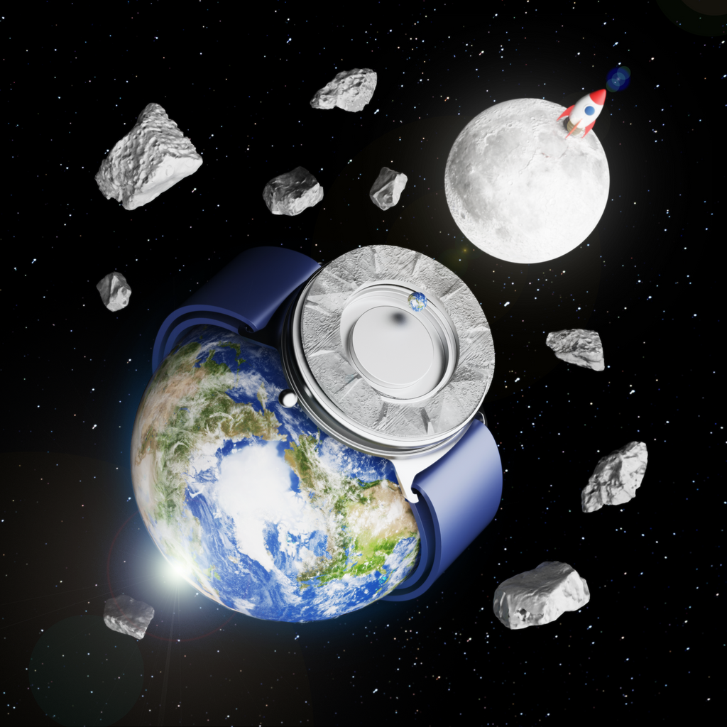 Abstract render for Earth Day shows the Eone Apex Salas with an ocean-blue strap, wrapped around Earth. The hour marker ring, made from lunar rock, floats a little way off the case. Likewise with the hour and minute bearings; of which the minute bearing represents a miniature Earth. Top right of the image, the moon in full phase is lit brightly and a small rocket-ship emoji perches on its surface. Scattered in orbit around the rest of the image, various sized space rocks.