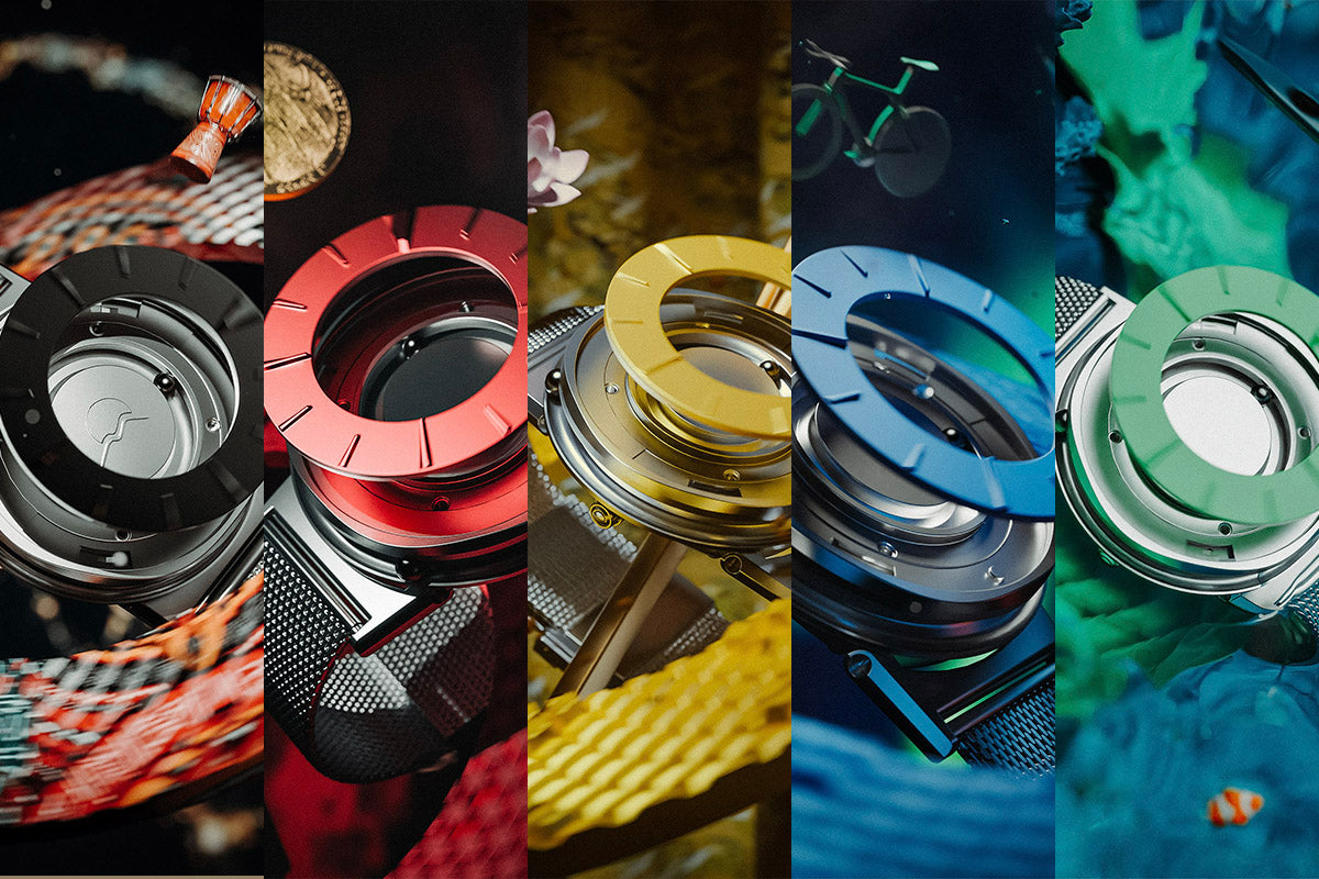 A collage image of 5 different coloured Switch collection, inspired by the Paralympic rings.