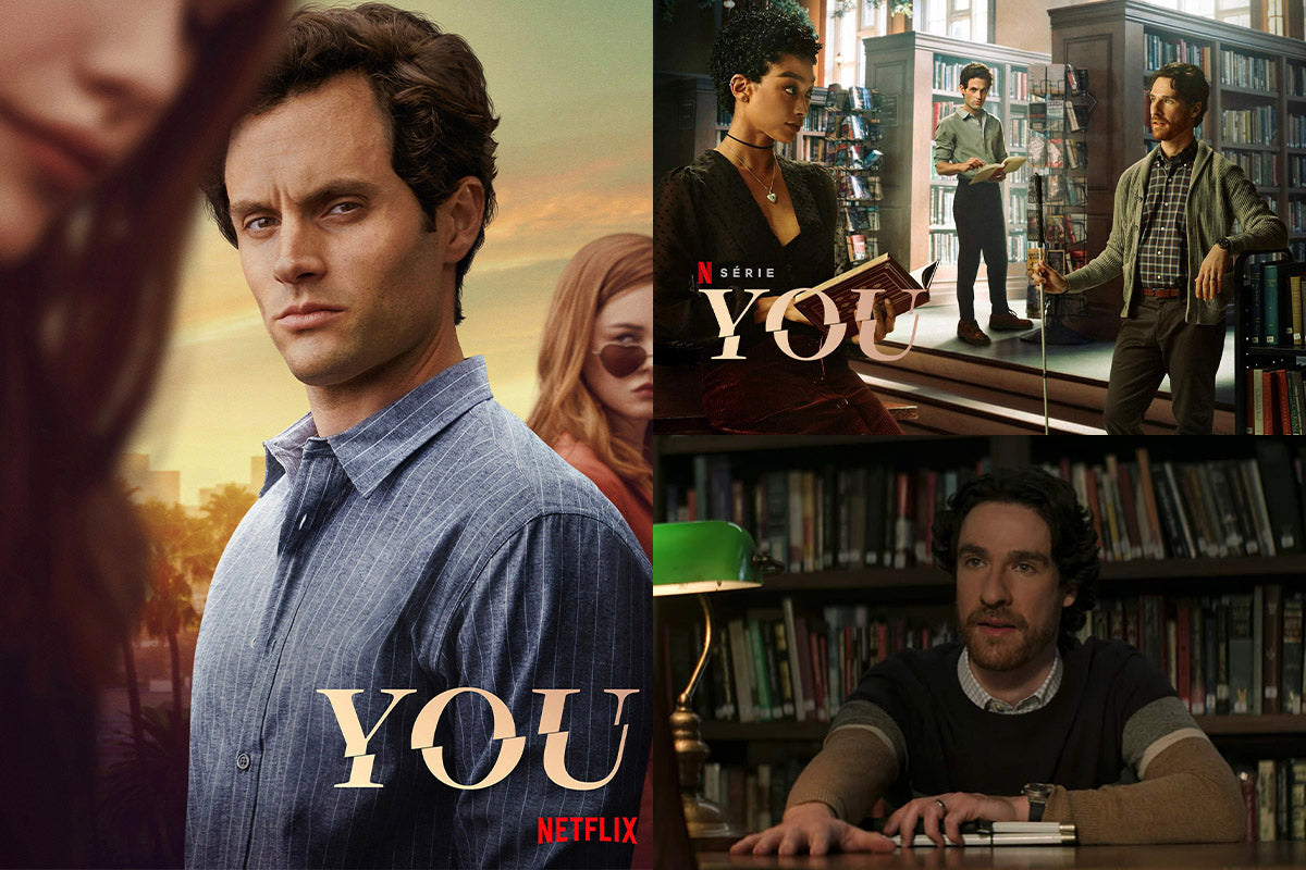 A promotional poster of Neflix show - You, showing three characters from season three within a library. From left to right (fictional alias): Marienne, Joe Goldberg, Dante.
