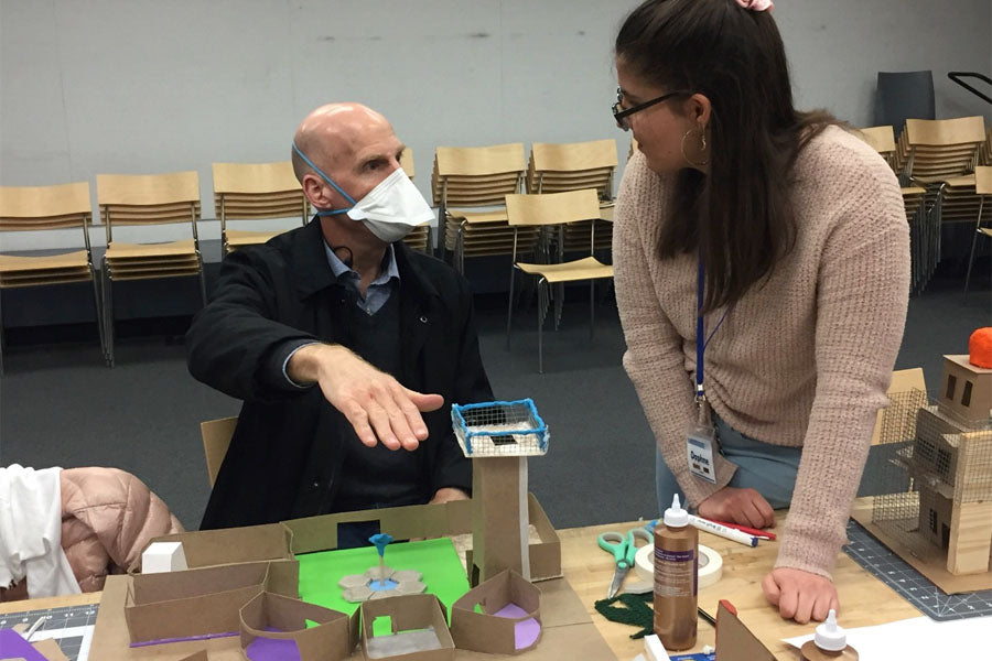 Chris discussing work by (and with)a blind high school student at the Virginia Tech, Blind Design Workshop, April, 2022