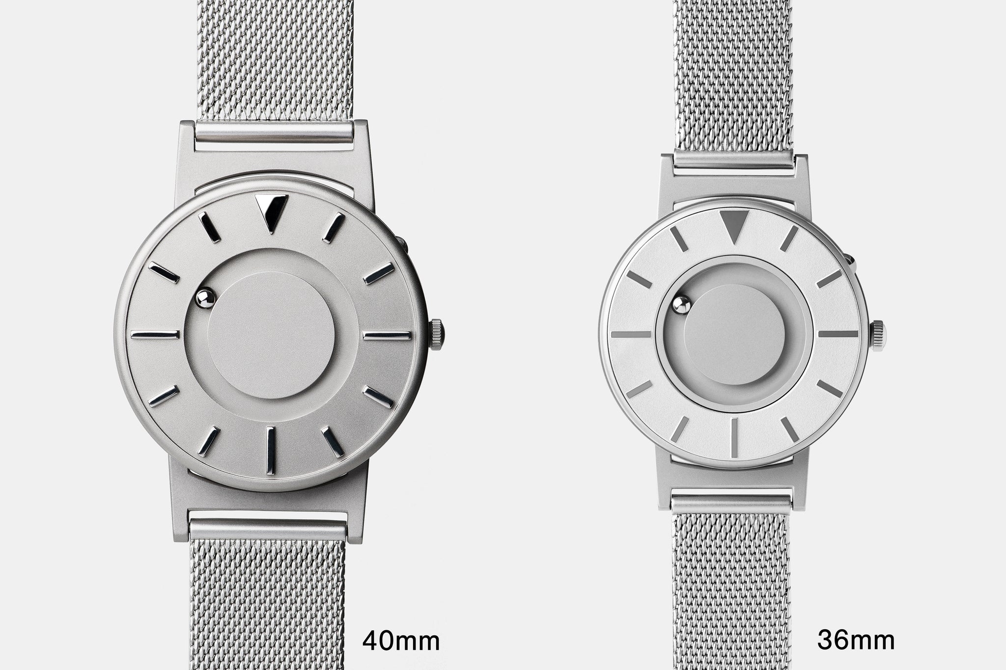 A comparison of the Bradley Mesh Silver 40mm and 36mm.