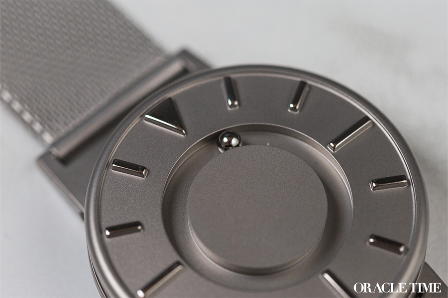 Close up of the top face of the Eone Bradley Mesh Silver showing the minute ball bearing