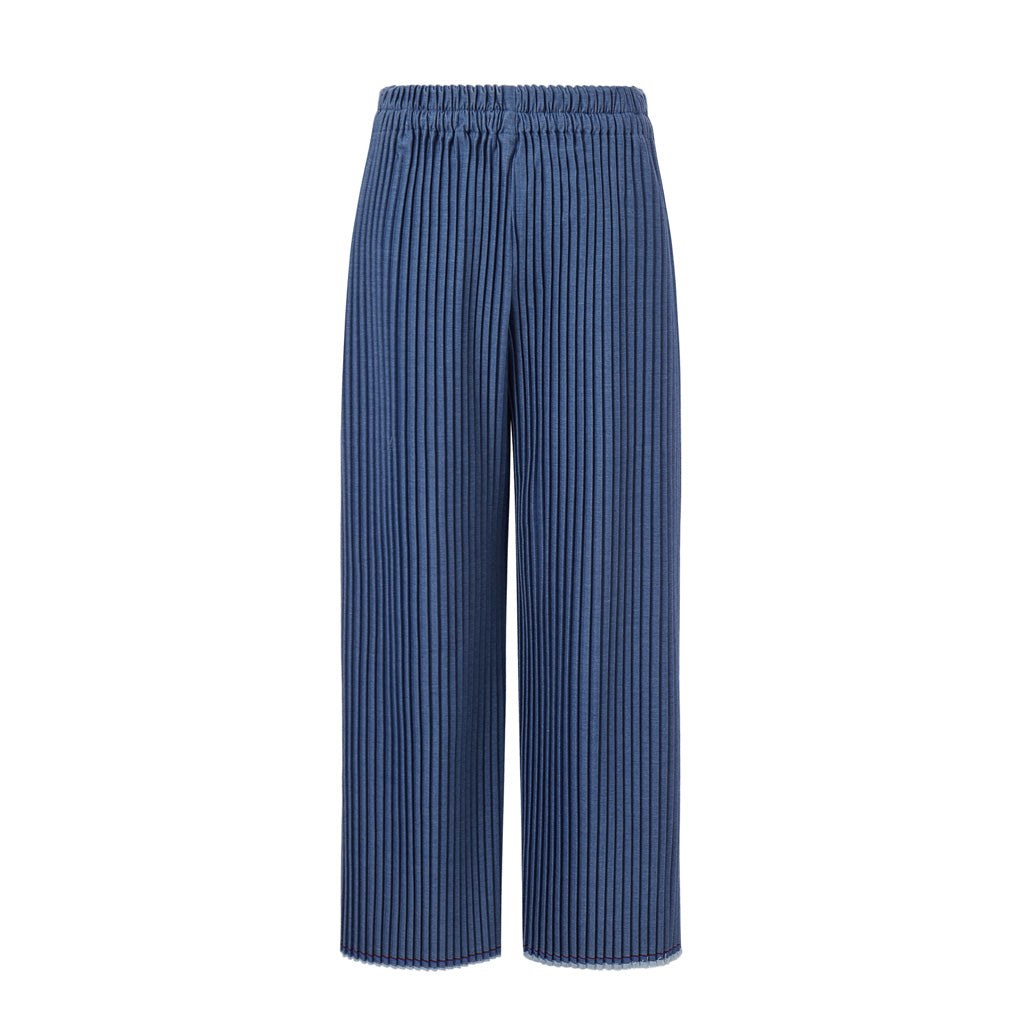 Pleated Denim Wide-Leg Pants Blue