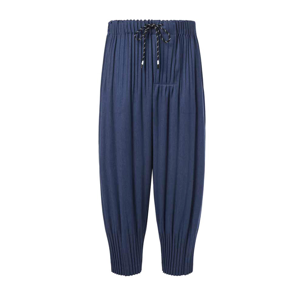 Cropped Pleated Denim Tapered-Leg Pants Blue
