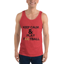 Load image into Gallery viewer, A smiling white man is wearing a Keep Calm red triblend front colored Casual Tank Top Men paired with denim. He is looking to the front
