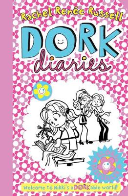 The background of the book cover is pink and white flowers. The word 'Dork' is written in bold, blue text and 'diaries' is in a handwriting style font. The illustration on the cover contains three (3) girls. One girl is sitting by herself in the foreground of the image, whilst the two in the background are behind her talking amongst themselves (presumably about the girl). The illustration is a black and white outline drawing