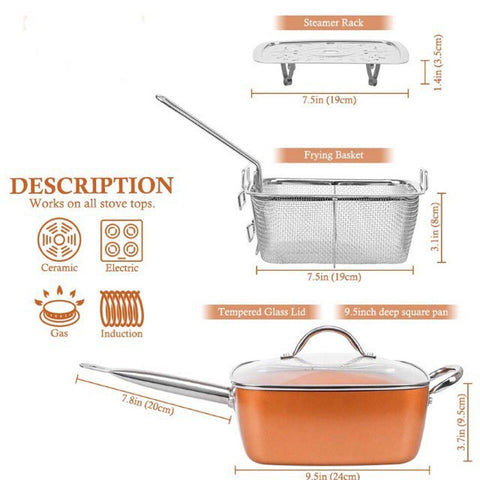 Ceramic Non-Stick Pan Copper Square Pan Induction Chef Glass Lid Fry Basket  Steam Rack 4 Piece Set 9.5 Inches Used In Induction - AliExpress