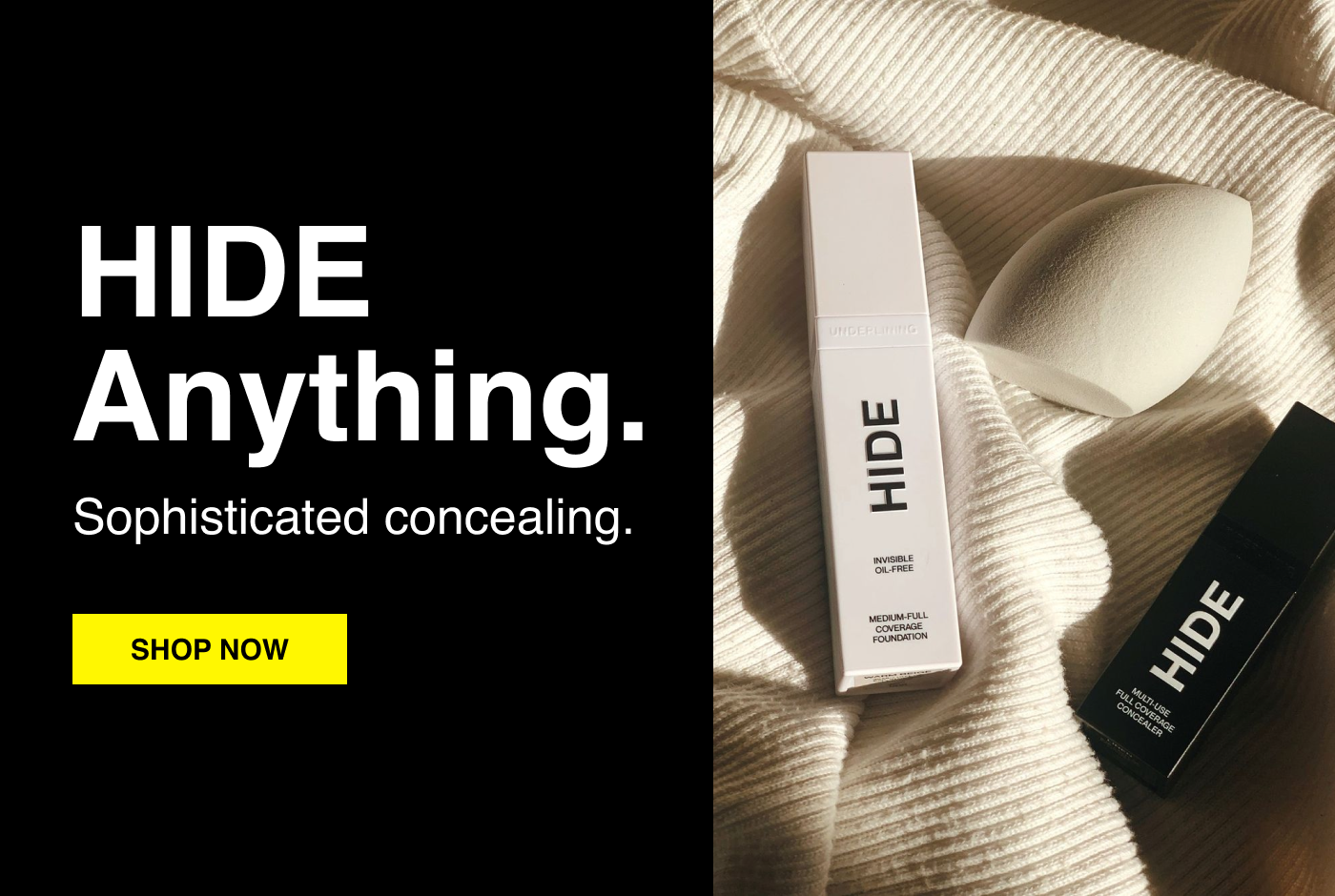 HIDE concealer banner in black background