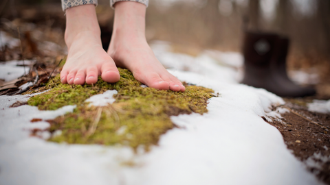 Bare feet grounded on a patch of moss surrounded by snow.