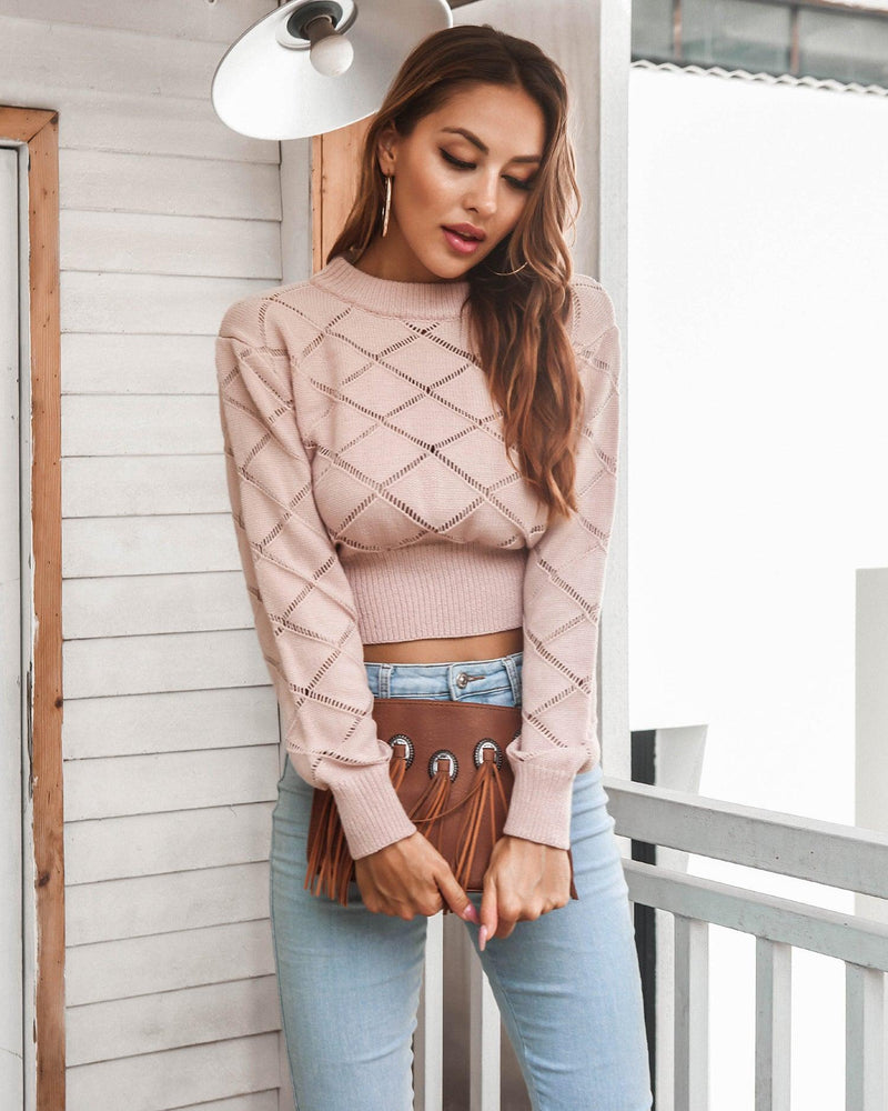 Openwork Ribbed Trim Long Sleeve Cropped Sweater - AM APPAREL