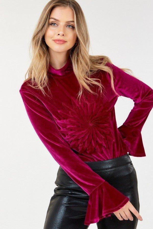 Velvet Flower Patch Mock Neck Top With Wide Sleeves - AM APPAREL