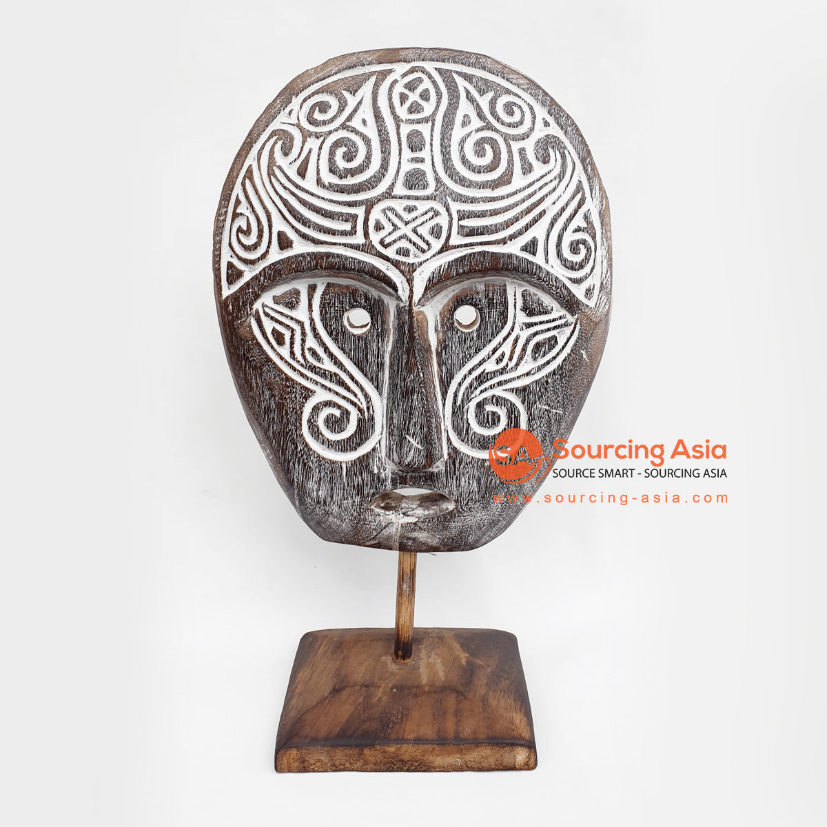 DGPC001 NATURAL AND WHITE WOODEN TRIBAL CARVED MASK ON STAND