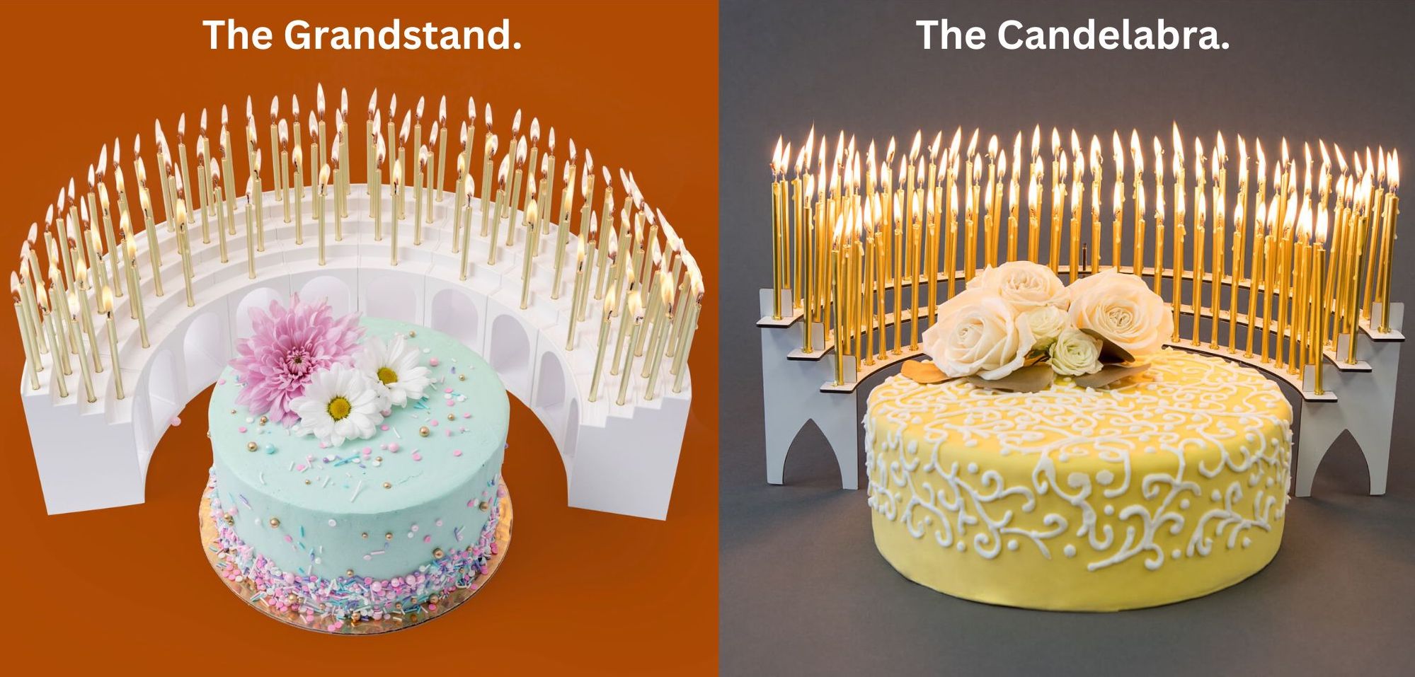 Two models of birthday candle holders, The Grandstand and The Candelabra