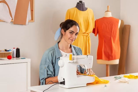 woman sewing with a smile on her face