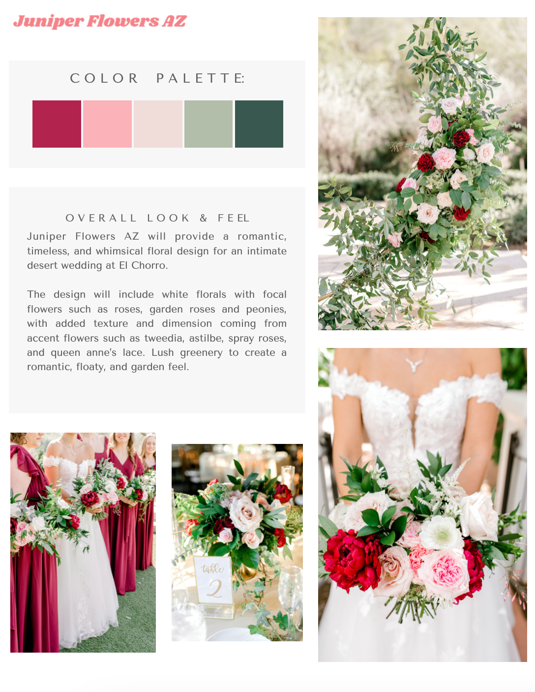 Florist's wedding design proposal with burgundy, pink, and sage green color palette