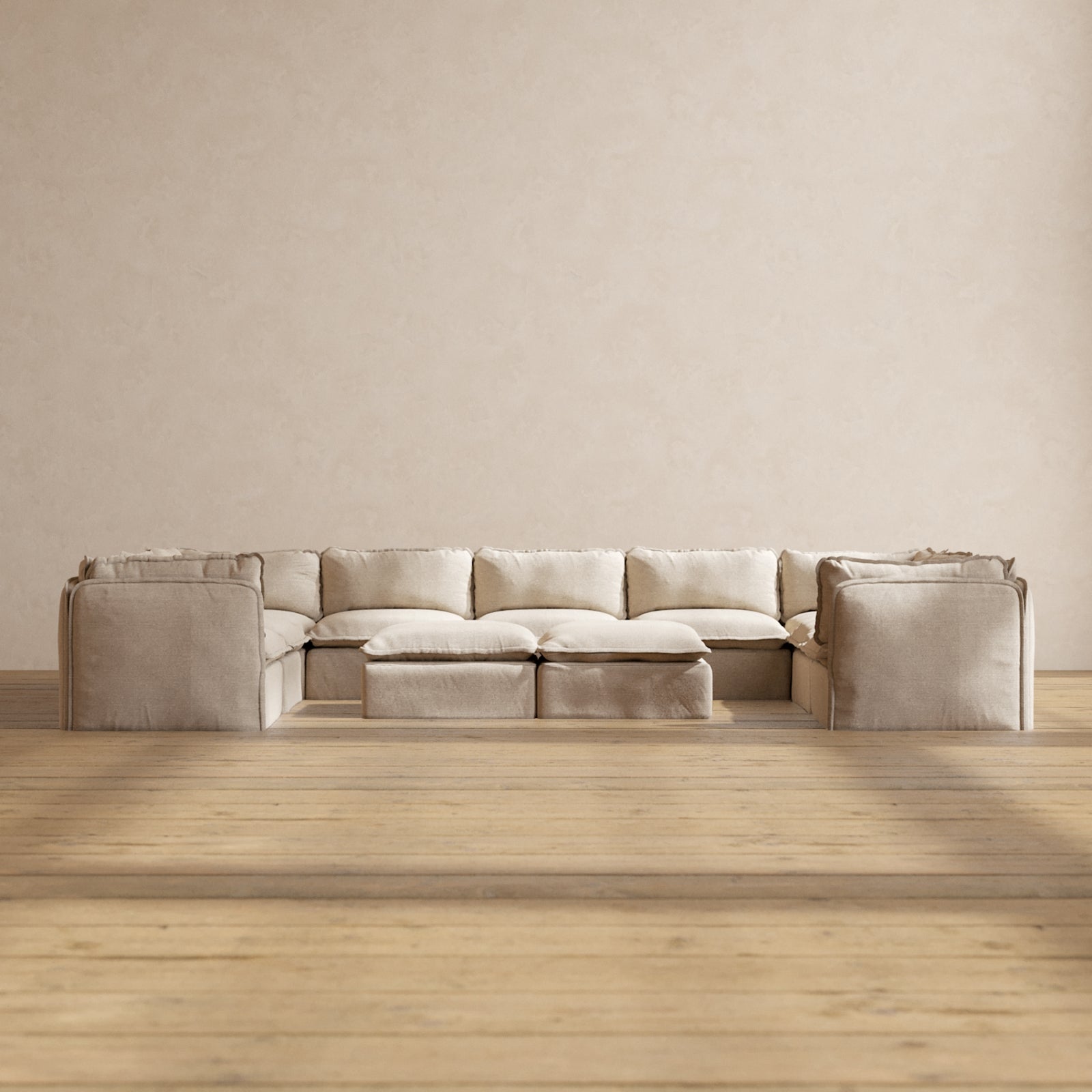 Modular Washable 9-Seater U-Sectional + Bench Ottoman in Oat | Deluxe+ Seat | Cloud Pillow
