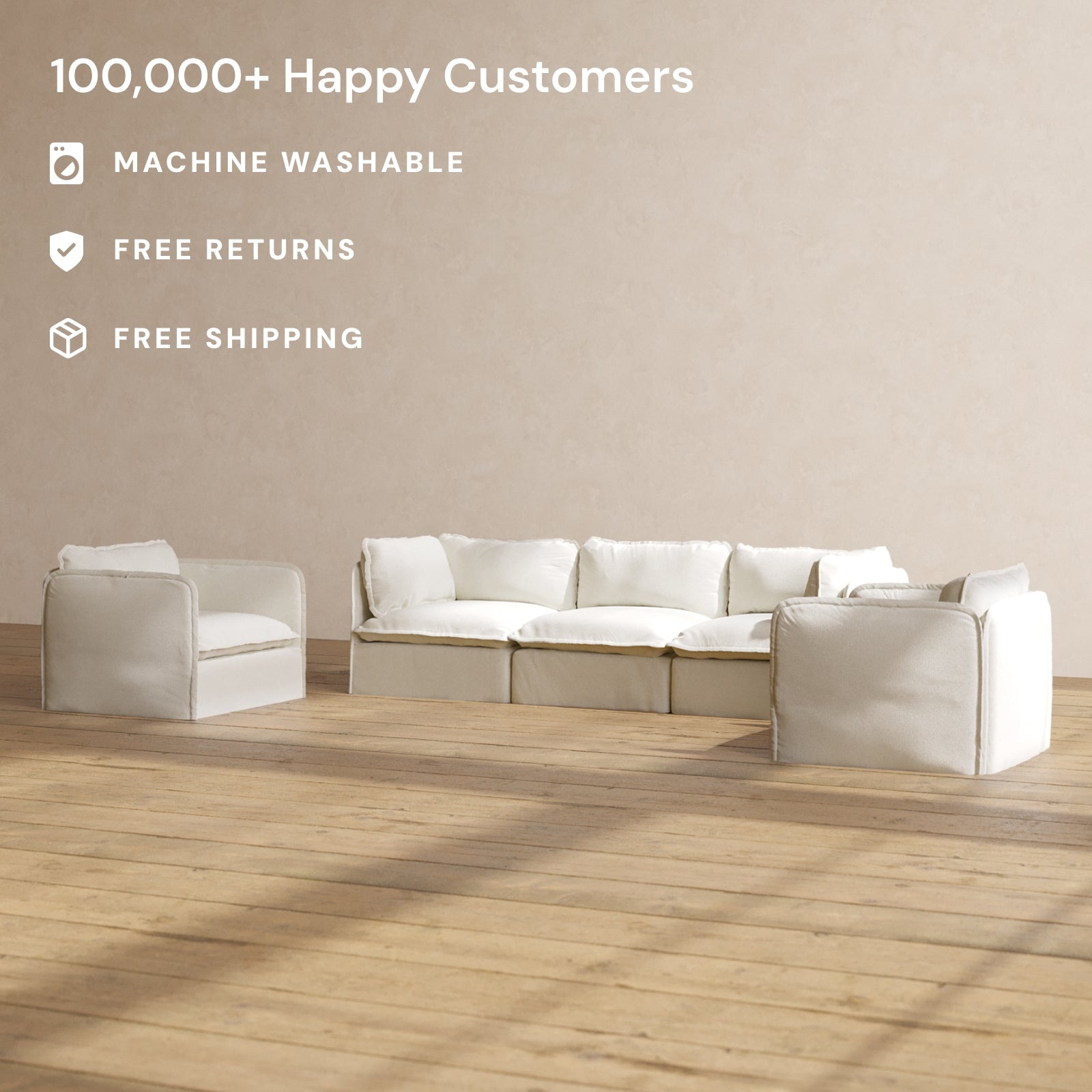 Modular Washable 3-Seater Sofa + Armchair Set in Eggshell | Deluxe+ Seat | Cloud Pillow