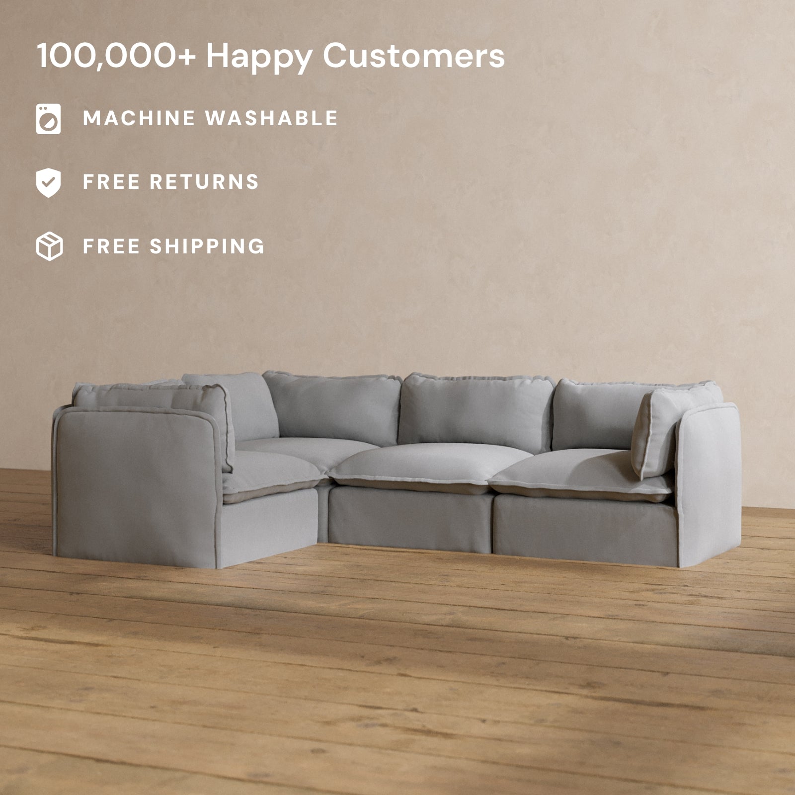 Modular Washable 4-Seater Corner Sectional in Pumice | Memorix+ Seat | Contour Pillow