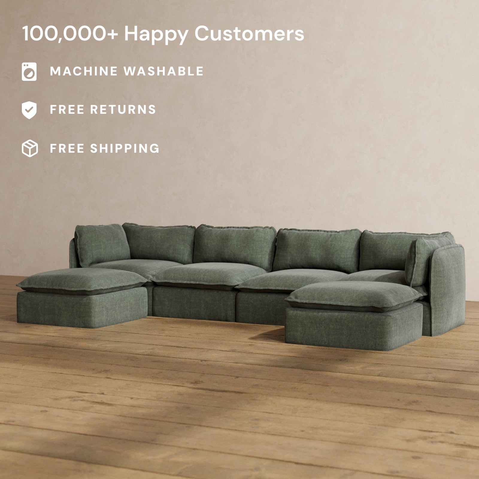 Modular Washable 4-Seater U-Sectional in Willow | Deluxe+ Seat | Cloud Pillow