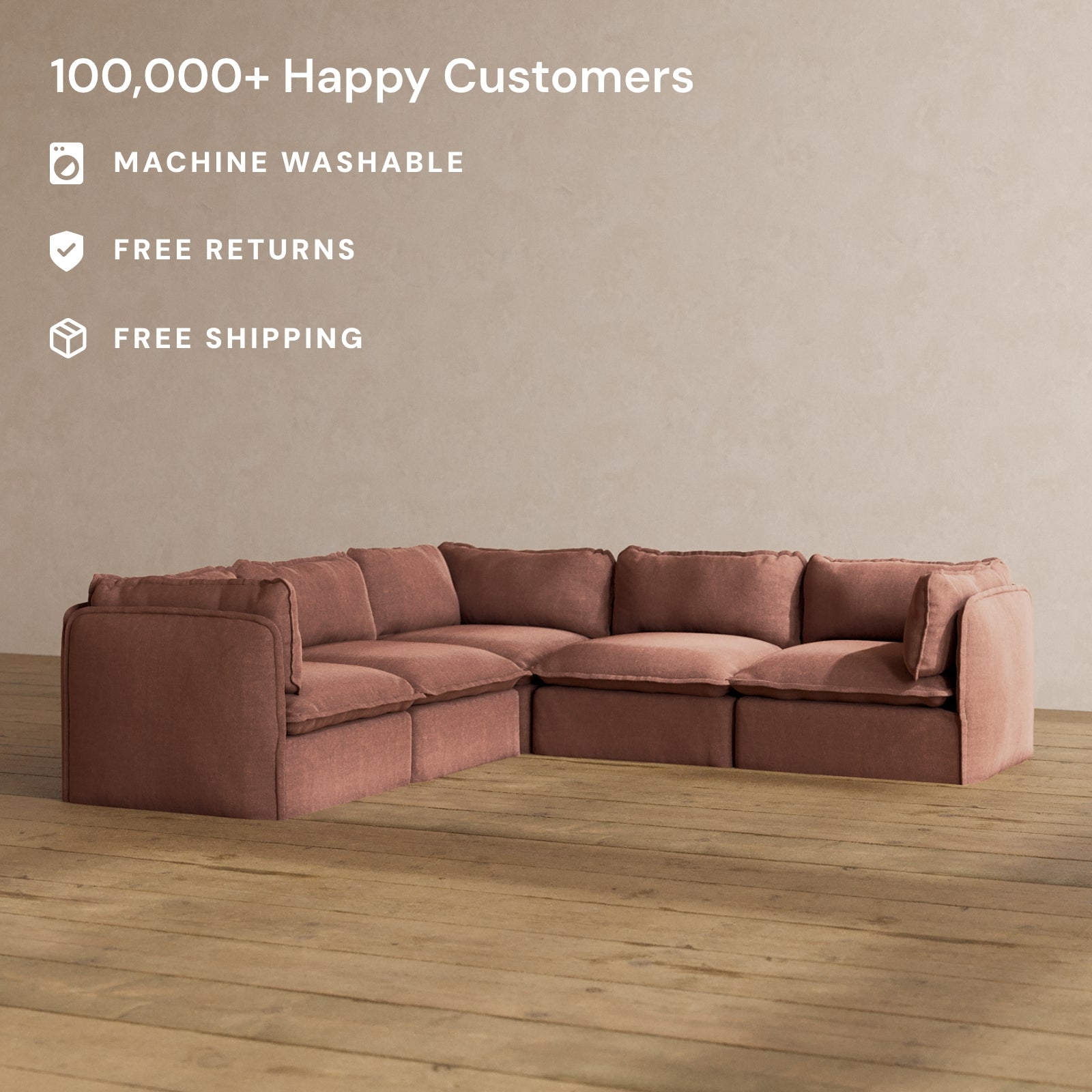 Modular Washable 5-Seater Corner Sectional in Chestnut | Deluxe+ Seat | Cloud Pillow