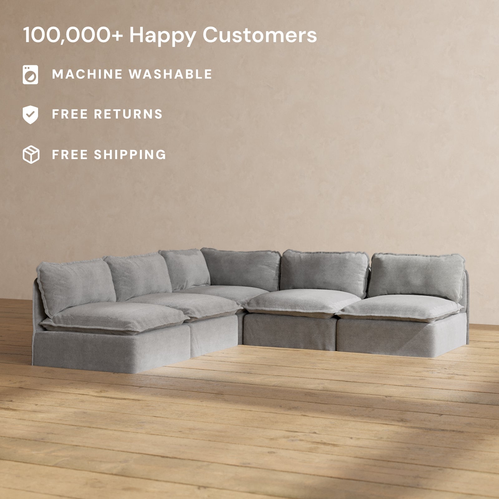Modular Washable 5-Seater Open-Ends Corner Sectional in Ash | Deluxe+ Seat | Cloud Pillow