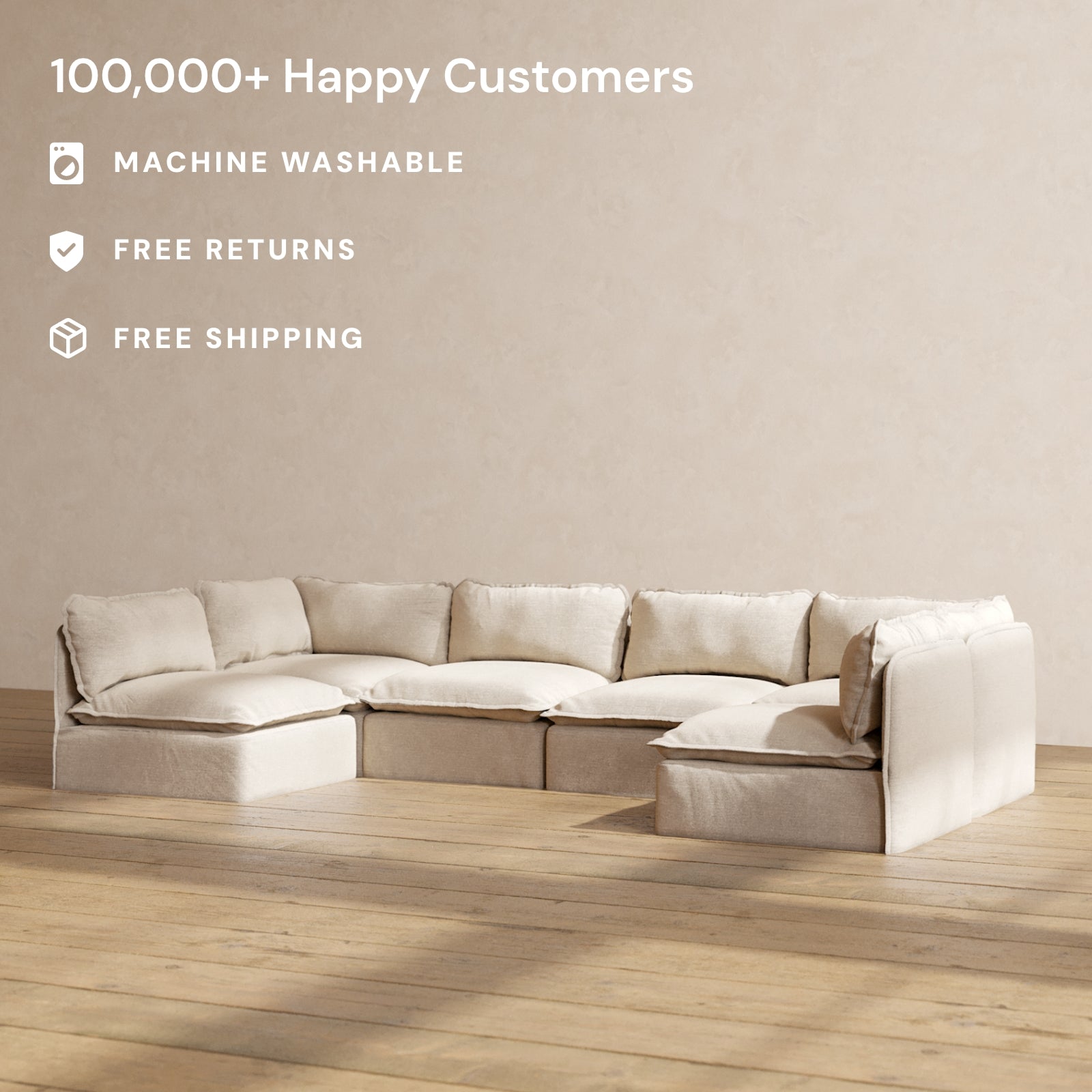 Modular Washable 6-Seater Open-Ends U-Sectional in Oat | Memorix+ Seat | Contour Pillow