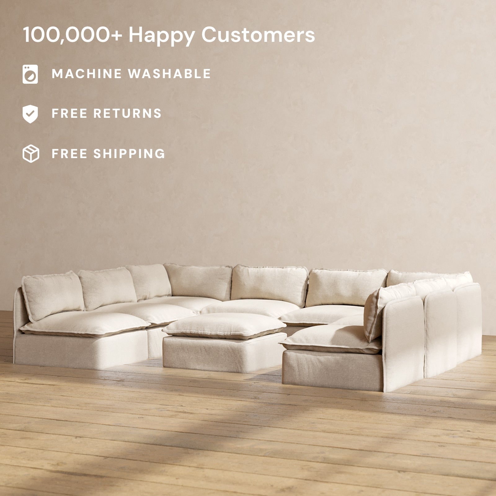 Modular Washable 8-Seater Open-Ends U-Sectional + Ottoman in Oat | Deluxe+ Seat | Cloud Pillow