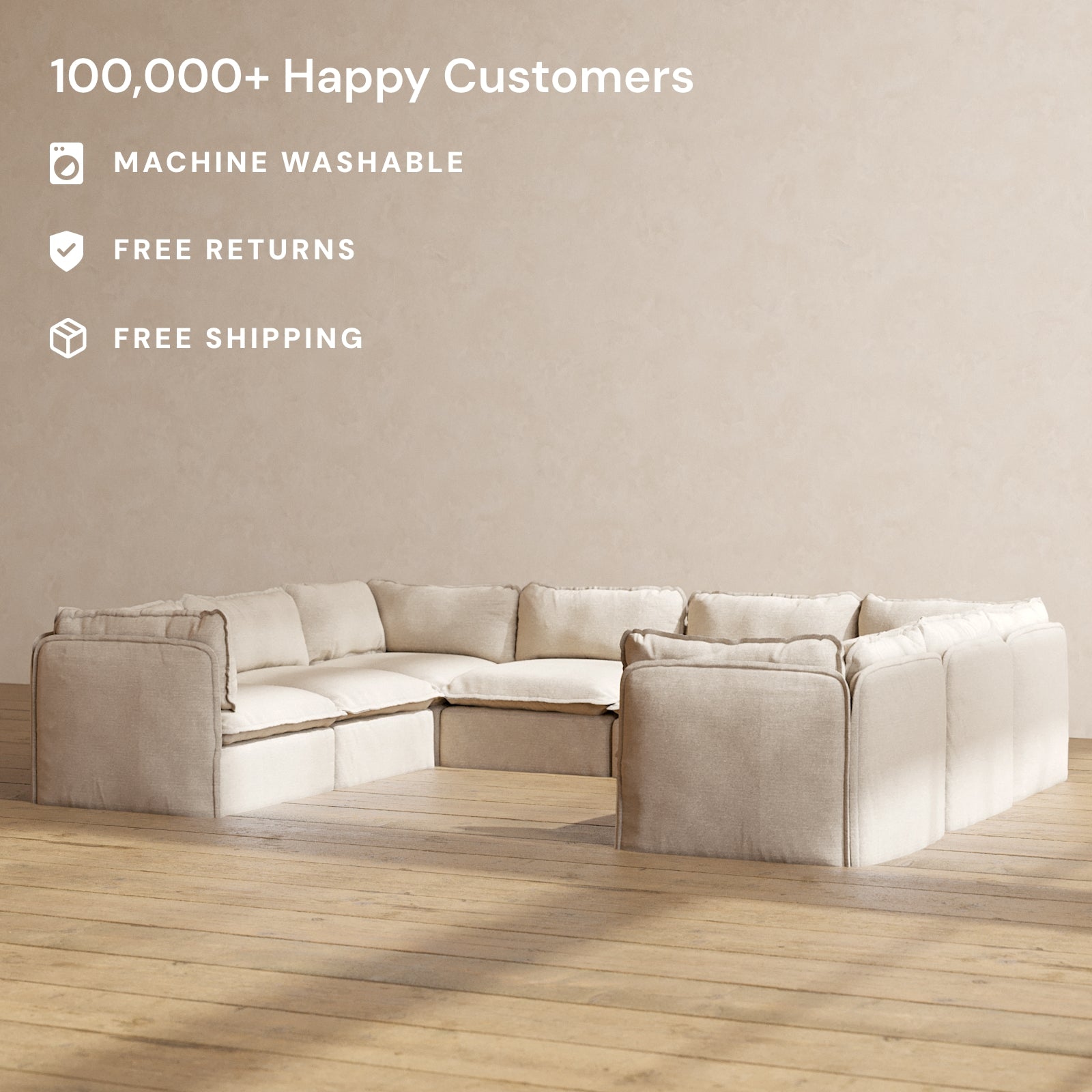Modular Washable 8-Seater U-Sectional in Oat | Memorix+ Seat | Contour Pillow