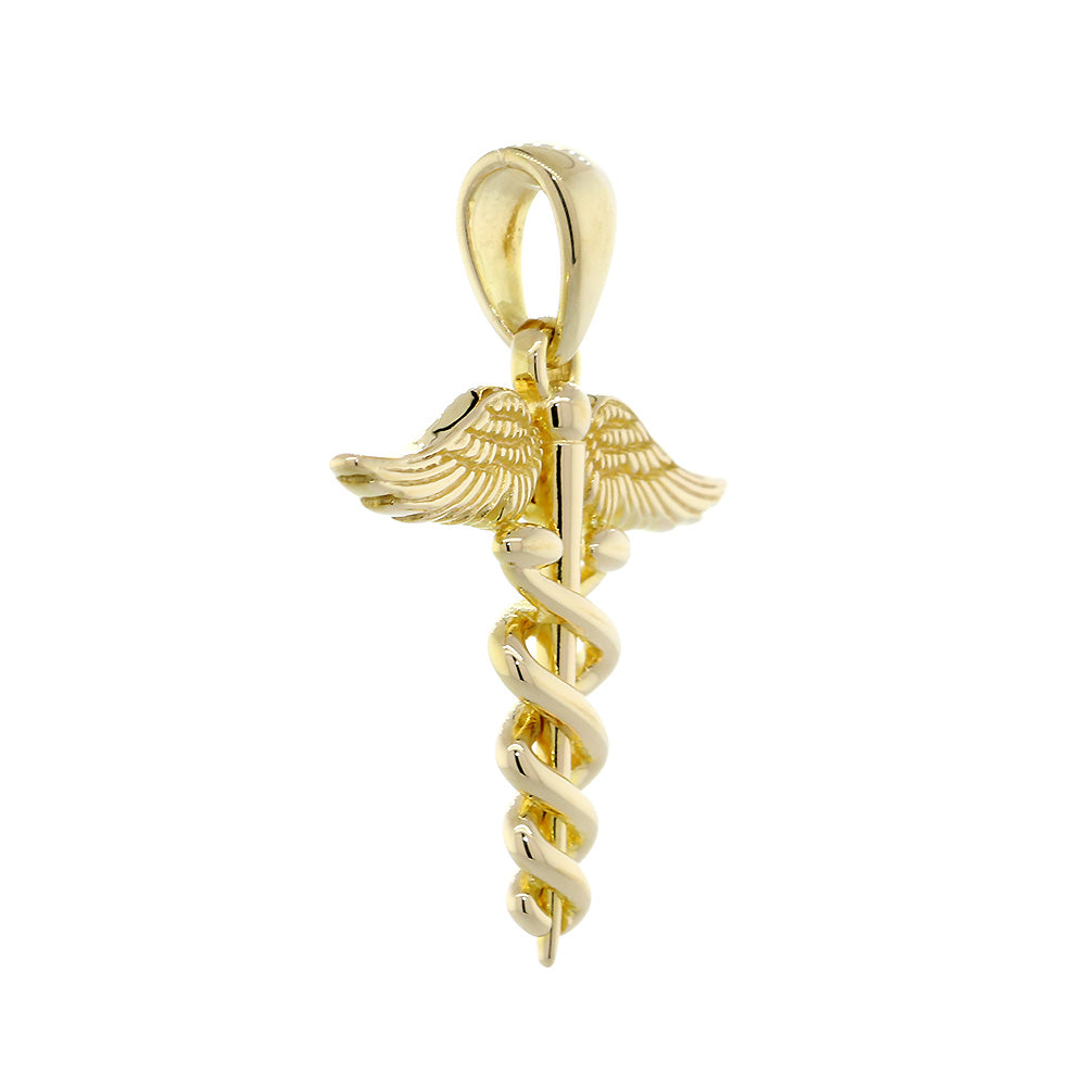 21mm Designer Caduceus, Karykeion, Staff of Hermes, Mercury Medical Charm in 14K Yellow Gold