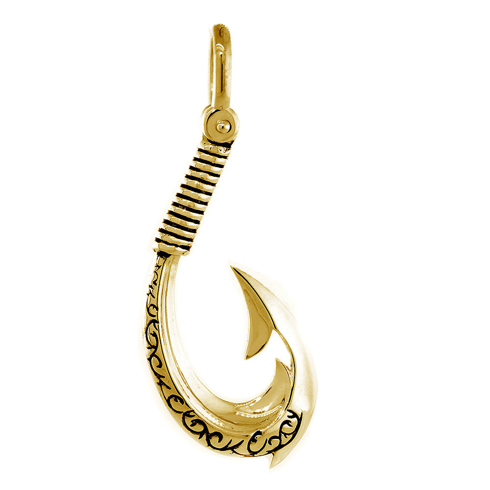 Extra Large HEI Matau, Maori Tribal Fish Hook Charm with Black, 2 Inches in 18K Yellow Gold