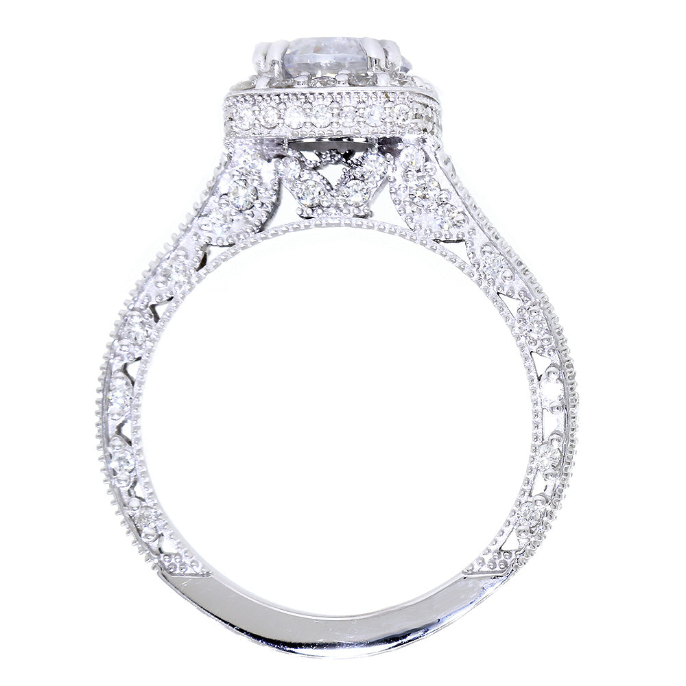 Vintage Style Cushion Halo and 7mm Round Diamond Center Engagement Ring Setting, 0.95CT Total Sides in 14k White Gold