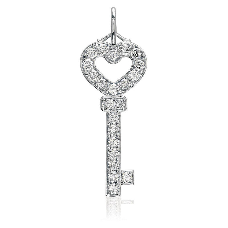 Large Heart Key Pendant in Sterling Silver and Cubic Zirconias, 1.5 Inch