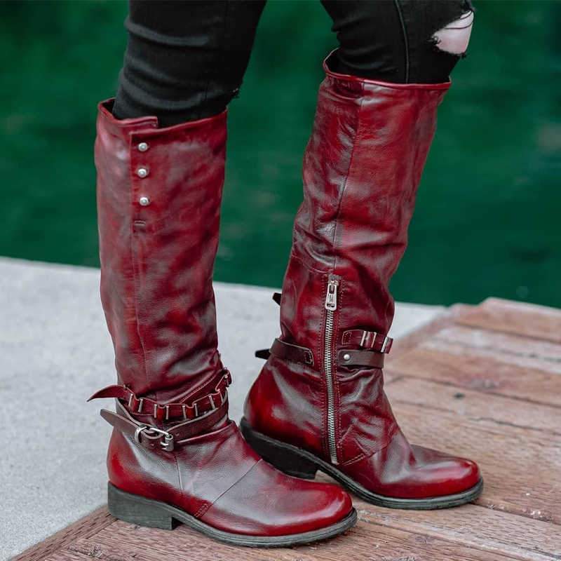 red leather boots low heel