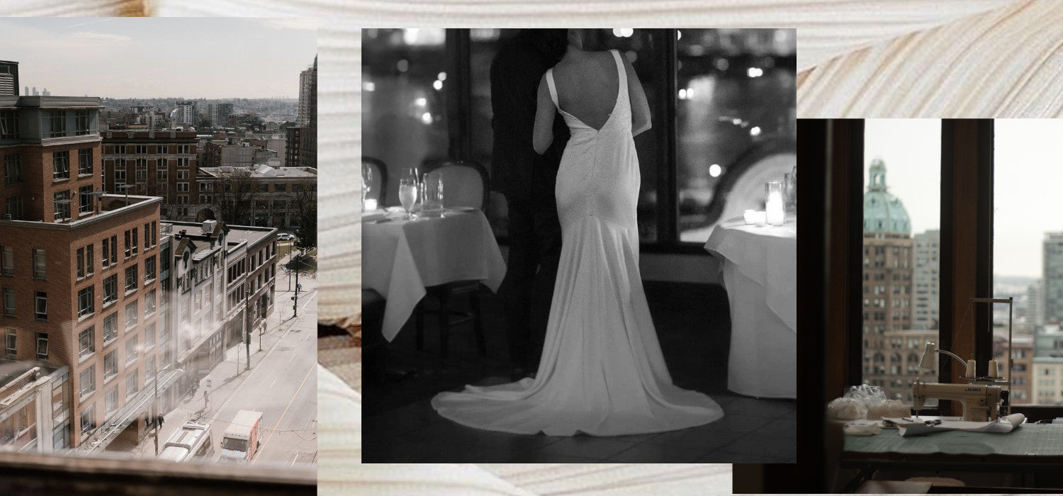 We consign all sorts of beautiful pre-loved bridal gowns from our Vancouver based studio. Image ID: Three images, in order, one photo of the view from our Gastown studio, a photo of one of our consigned gowns, and a photo of the view from our studio space looking towards Crosstown.