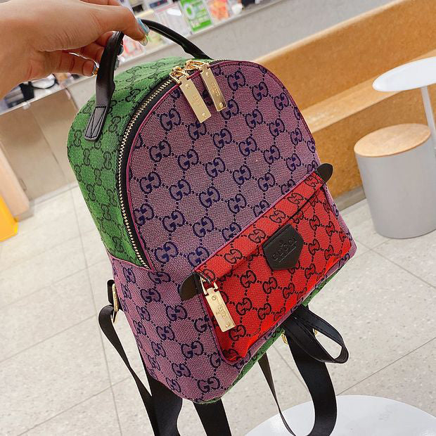 G U C C I New Canvas Embroidered Letters Stitching Color Backpack School Bag Daypack