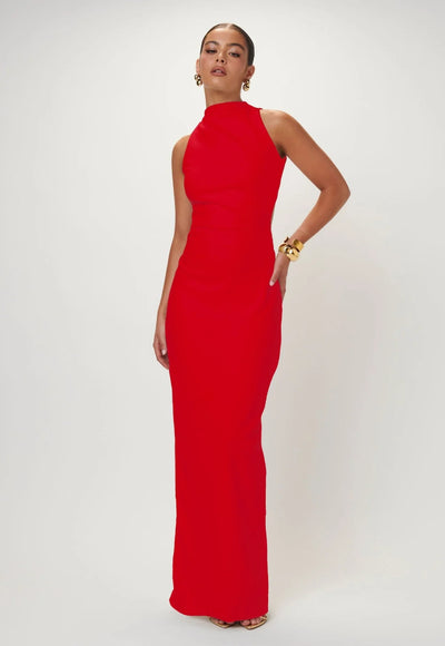 RED DRAPED & BACKLESS MAXI DRESS