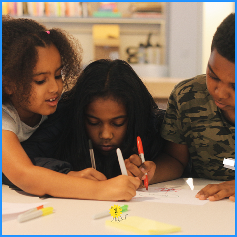 Children across a table, mindmapping.